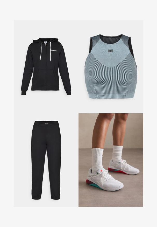 Champion GRAPHIC FULL ZIP HOODIE - Zip-up sweatshirt - black; Champion GYM LIFESTYLE SEAMLESS TANK - Top - light blue; Champion C-TECH CUFFED PANTS INTERLOCK - Tracksuit bottoms - black; White athletic shoes with a textured upper, turquoise accents, and a red heel. Worn with ribbed white socks. Features laces and branding.