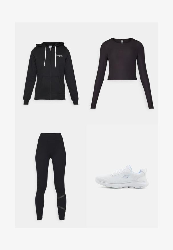 Champion GRAPHIC FULL ZIP HOODIE - Sweatjacke - black; Schwarzes, langärmliges, cropped Oberteil aus Rippstoff. Mit rundem Ausschnitt und figurbetonter Silhouette mit strukturierten Oberflächen.; ONLY Play ONPCROSS LIFE LEG - Tights - black; Weißer Sportschuh mit einem atmungsaktiven Mesh-Obermaterial, hellblauen Akzenten und einer gepolsterten Sohle mit einem strukturierten Griffmuster.