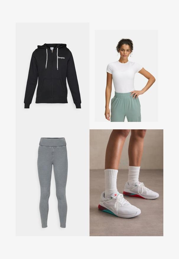 Champion GRAPHIC FULL ZIP HOODIE - Zip-up sweatshirt - black; White fitted t-shirt with short sleeves, paired with light green elastic waistband pants. Smooth texture, minimalist design, and no visible patterns.; Gray ribbed leggings featuring a wide, elastic waistband and a tapered fit. Made of stretchy material with a smooth texture.; White athletic shoes with a textured upper, turquoise accents, and a red heel. Worn with ribbed white socks. Features laces and branding.