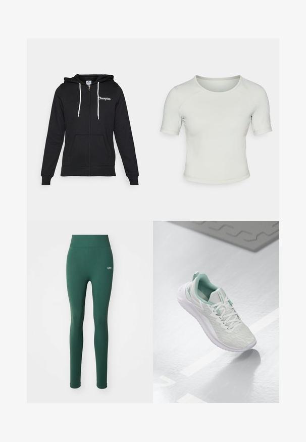 Champion GRAPHIC FULL ZIP HOODIE - Zip-up sweatshirt - black; Light green short-sleeve fitted t-shirt with a round neckline, smooth texture, and a subtle logo on the front left.; Green leggings with a smooth texture, high waistband, and subtle logo detail on the front. Fitted design and full-length coverage.; Light gray athletic shoe with a textured knit upper, mint green accents, white laces, rubber sole, and pull tab at the heel.