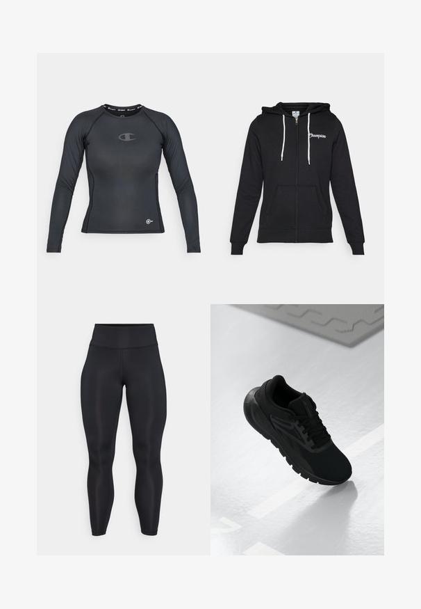 Champion GRAPHIC FULL ZIP HOODIE - Felpa con zip - black; Maglietta atletica nera a maniche lunghe realizzata in materiale elasticizzato, con scollo rotondo e dettagli del logo sul petto e sull'orlo.; Leggings neri a vita alta e a lunghezza completa con tessuto liscio e dettagli delle cuciture visibili sul davanti e sulla vita.; Scarpa sportiva nera con tomaia in rete, punta rotonda, suola imbottita e dettagli texturizzati, posizionata su una superficie bianca liscia.