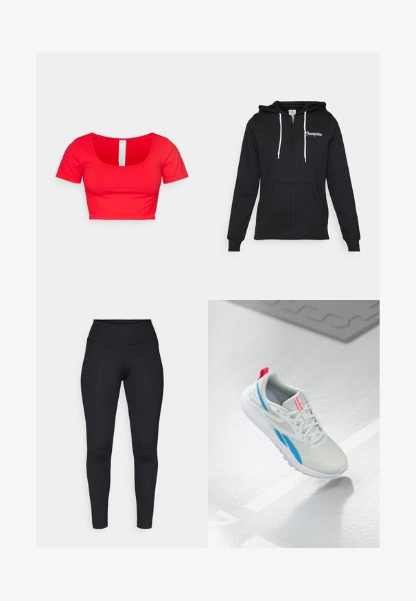 Champion GRAPHIC FULL ZIP HOODIE - Bluză de molton cu fermoar - black; Tricou scurt roșu cu mâneci scurte, având un decolteu rotund și un material neted, elastic. Design simplu, fără modele sau embellishments.; Leggings negre dintr-un material elastic, având talie înaltă, textură netedă și cusături curate fără modele sau accesorii vizibile.; Sneaker Reebok alb și albastru cu un tab roșu plutind deasupra unei podele strălucitoare, cu un covoraș de cauciuc gri în apropiere.