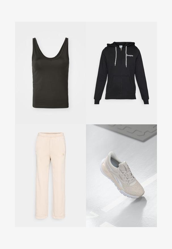 Champion GRAPHIC FULL ZIP HOODIE - Majica s kapuljačom i patentnim zatvaračem - black; Crna bezrukavna majica s okruglim izrezom, izrađena od glatkog, rastezljivog materijala. Jednostavan dizajn s čistim rubovima, prikladna za kombiniranje.; Bež trenerke napravljene od mekog materijala, s elastičnim pojasom, dva bočna džepa i malim logotipom na lijevoj nozi.; Svijetlosmeđi sportski tenisici s perforiranim gornjim dijelom, teksturiranim detaljima, podstavljenim okvirom i bijelim gumiranim potplatom, dizajnirani za udobnost i prozračnost.
