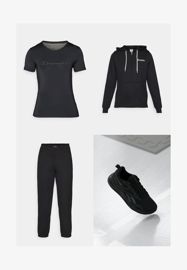 Champion GRAPHIC FULL ZIP HOODIE - Majica s kapuljačom i patentnim zatvaračem - black; Crna atletska majica izrađena od glatkog, laganog materijala. Ima okrugli izrez i kratke rukave, s suptilnim tamnim "Champion" logotipom sprijeda.; Champion C-TECH CUFFED PANTS INTERLOCK - Donji dijelovi trenirke - black; Crna atletska cipela s mrežastim gornjim dijelom, s teksturiranim akcentima i ravnim oblikom đona. Uključuje tonirane oznake i petnu traku.