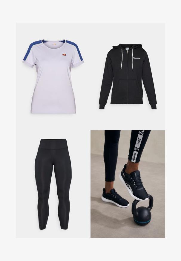 Champion - Bluza rozpinana; Jasnolawendowa koszulka z gładkiego materiału, z granatowymi akcentami na ramionach i małym haftowanym logo na piersi. Krótkie rękawy.; Czarne legginsy o wysokim staniefull-length, wykonane z gładkiego materiału, z widocznymi detalami szwów na przodzie i w pasie.; Czarne buty sportowe z fakturowaną cholewką, białą podeszwą i szarymi akcentami, umieszczone na czarnym kettlebellu z niebieskim paskiem, na neutralnym tle.