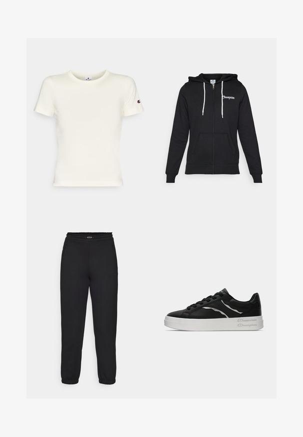 Champion GRAPHIC FULL ZIP HOODIE - Sweatjakke - black; Creme kortærmet t-shirt lavet af bomuld, med rund hals og broderet logo på venstre ærme. Glat tekstur, klassisk pasform.; Champion C-TECH CUFFED PANTS INTERLOCK - Træningsbukser - black; Sort læder sneakers med hvid sål, prydet med tynde sølv accenter og snørelukning. Glat tekstur med mærkedetaljer på hælen.