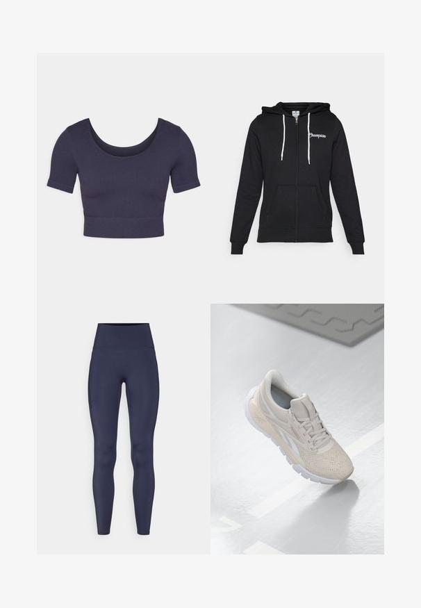 Champion GRAPHIC FULL ZIP HOODIE - Sudadera con cremallera - black; Top corto de color marino con mangas cortas, hecho de tela acanalada. Presenta un escote redondeado y un diseño ajustado.; Leggings azul marino hechos de una tela elástica, con cintura alta y un bolsillo lateral. Textura suave y diseño ajustado.; Zapatilla deportiva de color beige claro con parte superior perforada, acentos texturizados, cuello acolchado y suela de goma blanca, diseñada para la comodidad y la transpirabilidad.