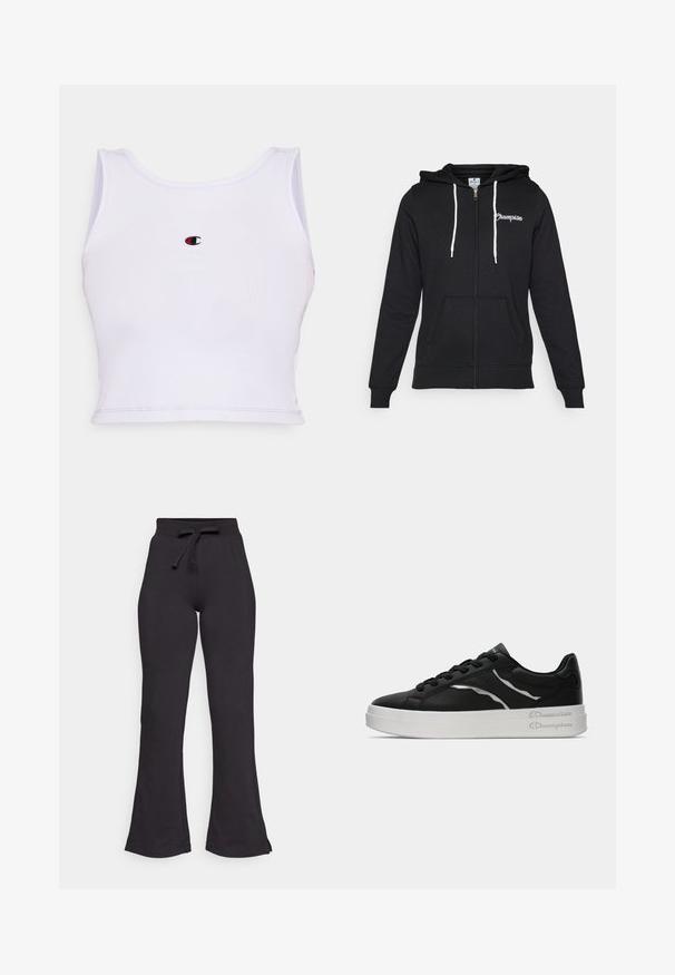 Champion GRAPHIC FULL ZIP HOODIE - Mikina so zipsom - black; Biely rebrovaný top bez rukávov s kruhovým výstrihom, so malým vyšívaným logom v červenej a čiernej farbe umiestneným na hrudi.; Čierne rozšírené tepláky vyrobené z mäkkej látky, s opaskom na šnúrku a hladkou textúrou. Navrhnuté pre pohodlie a jednoduché nosenie.; Čierne kožené tenisky s bielou podrážkou, s tenkými striebornými akcentmi a viazaním. Hladký povrch s logom na päte.