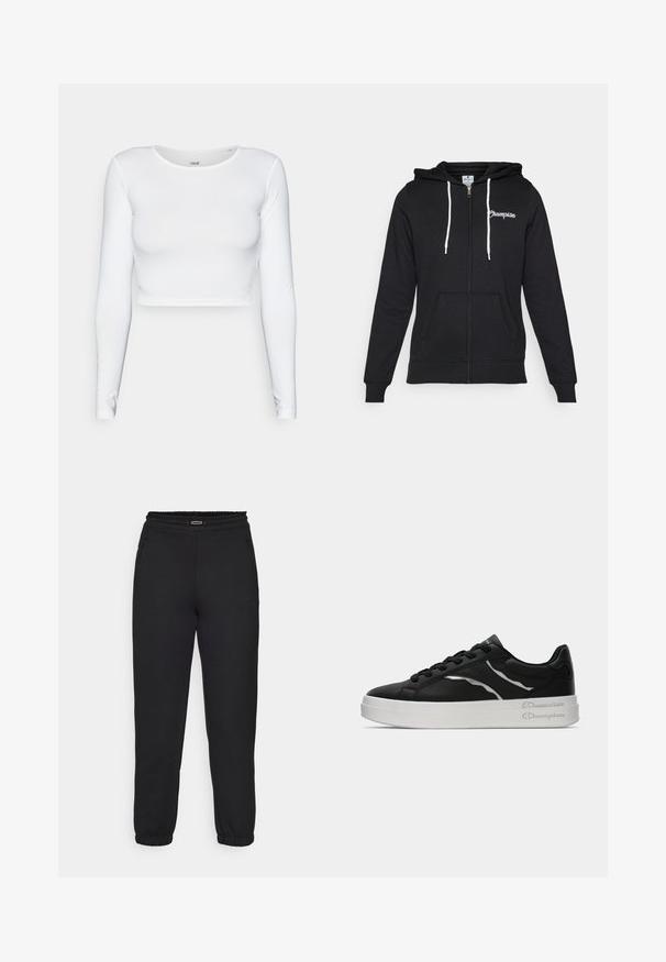 Champion GRAPHIC FULL ZIP HOODIE - Cipzáras pulóver - black; Fehér hosszú ujjú cropped top, sima, rugalmas anyagból, kerek nyakkivágással és testhezálló szilüettel. Minimalista dizájn.; Champion C-TECH CUFFED PANTS INTERLOCK - Tréningruha alsók - black; Fekete bőr sportcipő fehér talppal, vékony ezüst akcentusokkal és fűzős kialakítással. Sima textúra, márkázott részletekkel a sarkán.