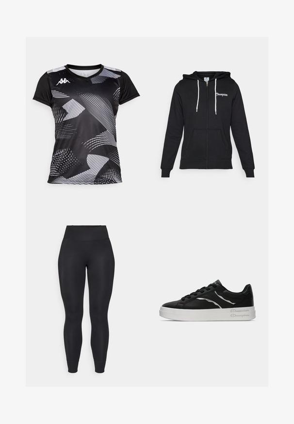 Champion GRAPHIC FULL ZIP HOODIE - Užtrauktuku užsegamas treningas - black; Juodas sportinis marškinėliai su abstrakčia pilka raštu. Yra trumpomis rankovėmis ir V formos iškirpte. Pagaminti iš lengvos, kvėpuojančios medžiagos.; Juodos tamprės, pagamintos iš elastingos medžiagos, su aukštu liemeniu, siaurėjančiomis kojomis ir užlenktais kraštais, turinčios lygią, matinę tekstūrą.; Juoda odinė sportinė avalynė su balta padu, turinti plonus sidabrinius akcentus ir raištelių dizainą. Lygus paviršius su prekės ženklo detalėmis ant kulno.