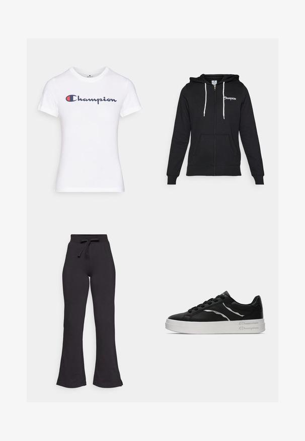 Champion GRAPHIC FULL ZIP HOODIE - Športna jopa s kapuco na zadrgo - black; Bela bombažna majica s krojem okrog vratu in kratkimi rokavi, okrašena z mornarsko modrim in rdečim logotipom "Champion" čez prsa.; Črne široke trenirke iz mehkega blaga, z anatomsko oblikovanim pasom na vrvico in gladko teksturo. Zasnovane za udobje in enostavno nošenje.; Črne usnjene teniske z belo podlogo, ki imajo tanke srebrne akcenta in vezalni dizajn. Gladka tekstura s logotipom na peti.