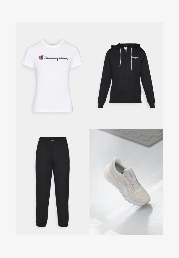 Champion GRAPHIC FULL ZIP HOODIE - Majica s kapuljačom i patentnim zatvaračem - black; Bijela pamučna majica s okruglim izrezom i kratkim rukavima, ukrašena mornarskoplavim i crvenim logotipom "Champion" na prsima.; Champion C-TECH CUFFED PANTS INTERLOCK - Donji dijelovi trenirke - black; Svijetlosmeđi sportski tenisici s perforiranim gornjim dijelom, teksturiranim detaljima, podstavljenim okvirom i bijelim gumiranim potplatom, dizajnirani za udobnost i prozračnost.