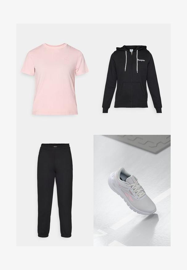 Champion GRAPHIC FULL ZIP HOODIE - Vetoketjullinen college - black; Vaaleanpunainen puuvillateepaita, jossa on lyhyet hihat, pyöreä kaula-aukko ja hienovarainen brodeerattu logo. Sileä rakenne ja rento istuvuus.; Champion C-TECH CUFFED PANTS INTERLOCK - Verryttelyhousut - black; Vaaleanharmaat urheilukengät, joissa on vaaleanpunaisia yksityiskohtia, verkkopäällinen, pyöristetty kärki, pehmustettu pohja ja nauhakuclosure. Pintamateriaali on sileä ja heijastava.