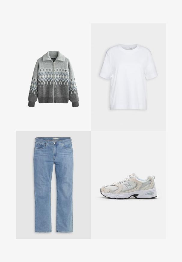 Sivi pulover od pletene tkanine, s patentnim zatvaračem, visokim ovratnikom i geometrijskim uzorcima u nijansama sive i plave.; Bijela majica s kratkim rukavima, okrugli izrez, izrađena od mekog, glatkog pamučnog materijala, sa ravnim rubom i minimalnim detaljima. Jednostavan i svestran dizajn.; Svijetloplave traperice ravnog kroja s pet džepova, kopčanjem na gumbe i suptilnim izblijedjelim detaljima. Izrađene od izdržljive pamučne tkanine.; Atletska obuća s gornjim dijelom od svijetlosivog mrežastog materijala s nijansama antilopa, bijelim vezicama i crnom gumenom potplatom. Značajna ABZORB amortizacija.