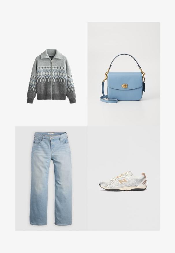 Šedý svetr vyrobený z pletené tkaniny, s zipovým zapínáním, vysokým límcem a geometrickými vzory v odstínech šedé a modré.; Bílý triko s krátkým rukávem, kulatým výstřihem, vyrobené z měkké, hladké bavlny, s rovním lemem a minimálním zdobením. Jednoduchý a univerzální design.; Světle modré široké džíny vyrobené z denimu. Mají vysoký pas, pět kapes a kontrastní švy. Hladká textura s vybledlým povrchem.; Sportovní tenisky ve světle šedé barvě se stříbrnými akcenty, síťovaným svrškem, béžovými detaily a černou gumovou podrážkou. Mají tkaničky a polstrovaný jazyk.; COACH CASSIE CROSSBODY BAG - Kabelka - blue