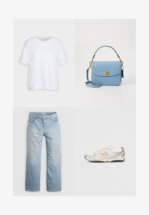 Gray sweater made of knit fabric, featuring a zip closure, tall collar, and geometric patterns in shades of gray and blue.; White short-sleeve t-shirt, crew neck, made of soft, smooth cotton fabric, with a straight hem and minimal detailing. Plain and versatile design.; Light blue wide-leg jeans made of denim. Features a high waist, five pockets, and contrast stitching. Smooth texture with a faded finish.; Sport sneaker in light gray with silver accents, mesh upper, beige details, and black rubber outsole. Features laces and a padded collar.; COACH CASSIE CROSSBODY BAG - Handbag - blue