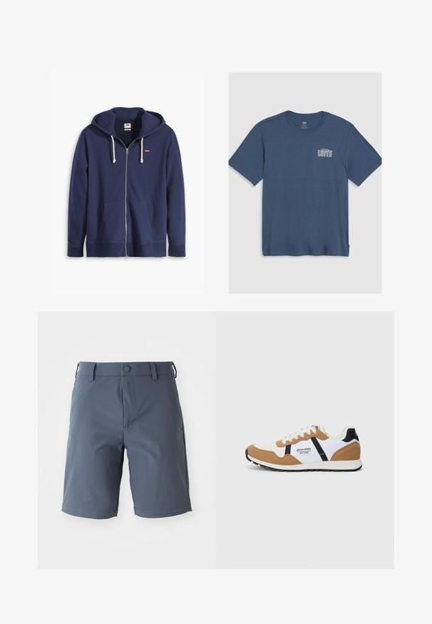 Navy blue zip-up hoodie made of soft fabric, featuring a front pocket, drawstring hood, and small red logo on the left chest.; Blue cotton t-shirt featuring a crew neck and short sleeves. A white "Levi's" logo is printed on the left chest area. Simple design.; Gray, knee-length shorts made from lightweight fabric; features a button closure, belt loops, and side pockets with a smooth texture.; Retro-style sneaker with white, tan suede, black accents, white laces, and "Jack & Jones EST. 1990" logo on the side.
