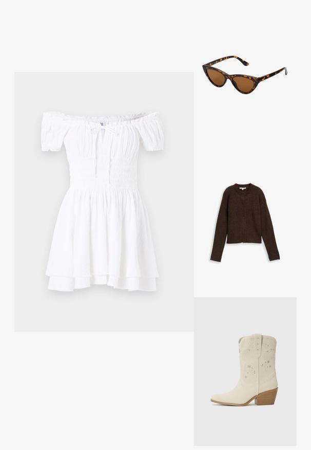 Brauner gerippter Cardigan mit Rundhalsausschnitt, langen Ärmeln und fünf Knöpfen auf der Vorderseite. Weiche Textur und kürzerer Schnitt.; Weißes schulterfreies Kleid mit gerafftem Oberteil, kurzen Puffärmeln und gestuftem Rüschensaum. Hergestellt aus leichtem, strukturiertem Stoff.; Weißes Leder-Cowboy-Boot mit floraler Stickerei, spitzer Zehe und einem gestapelten Holzabsatz. Verfügt über dekorative Nähte am Schaft.; Katzenaugen-Sonnenbrille mit einem schwarz-orangenen Schildpattrahmen, braunen Gläsern und schlanken, spitzen Enden. Verfügt über ein minimalistisches Logo am Bügel.