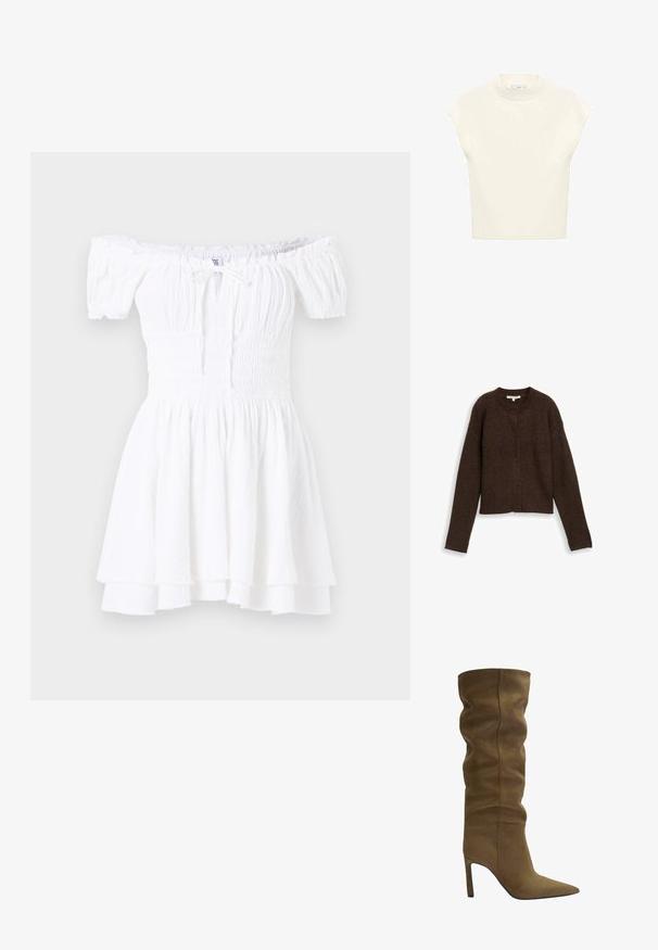 Brązowy kardigan z prążkowanej tkaniny, z okrągłym dekoltem, długimi rękawami i pięcioma guzikami z przodu. Miękka tekstura i krótki fason.; Biała sukienka na ramiączkach z marszczonym topem, krótkimi bufkami i warstwowym falbaniastym dołem. Wykonana z lekkiej, teksturowanej tkaniny.; Krótki rękaw, jasnobeżowa bluzka z okrągłym dekoltem, wykonana z miękkiego materiału. Charakteryzuje się luźnym krojem i gładką fakturą, idealna do noszenia w warstwach.; Zielony zamszowy botek do kolan z ostrym nosem, z luźną cholewką i obcasem w kształcie szpilki, z widocznymi detalami przeszyć.
