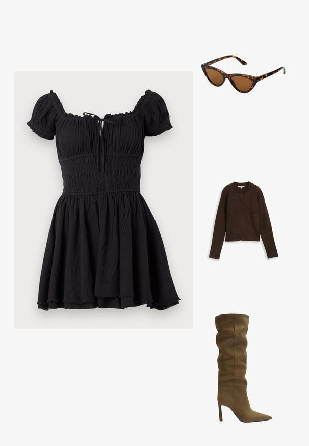 Brązowy kardigan z prążkowanej tkaniny, z okrągłym dekoltem, długimi rękawami i pięcioma guzikami z przodu. Miękka tekstura i krótki fason.; Czarna sukienka krótko rękawowa z marszczoną górą, z fasonem odkrywającym ramiona, zebranym dołem i subtelną teksturą. Posiada zapięcie na wiązanie z przodu.; Zielony zamszowy botek do kolan z ostrym nosem, z luźną cholewką i obcasem w kształcie szpilki, z widocznymi detalami przeszyć.; Okulary przeciwsłoneczne w kształcie kocich oczu z czarno-pomarańczową oprawą w deseń żółwia, brązowymi soczewkami i eleganckimi, spiczastymi końcówkami. Posiadają minimalistyczne logo na zauszniku.