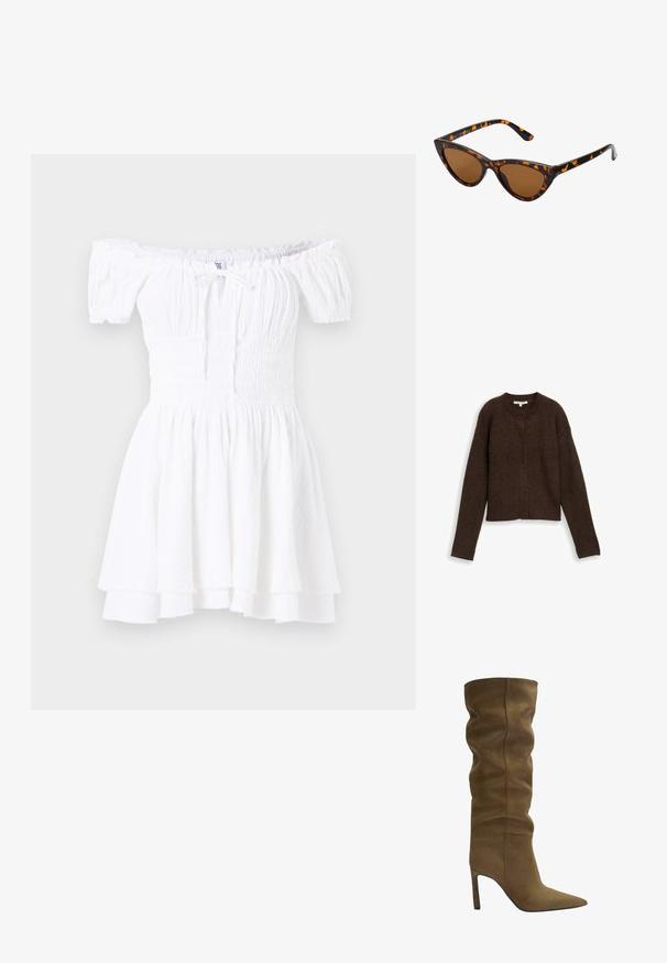 Ruskea ribattava neuletakki, jossa on pyöreä pääntie, pitkät hihat ja viisi nappia edessä. Pehmeä rakenne ja lyhyt malli.; Valkoinen hartiat paljastava mekko, jossa on rypytetty yläosa, lyhyet puffihihat ja kerroksittainen volangareuna. Valmistettu kevyestä, teksturoidusta kankaasta.; Knee-high saapas oliivi vihreä mokka, jossa on terävä kärki, löysä yläosa ja stiletto-korko, jossa on näkyviä ompeluyksityiskohtia.; Kattöga solglasögon med en svart och orange sköldpaddsmönstrad båge, bruna linser och slanka, spetsiga spetsar. Har en minimal logotyp på skalmen.