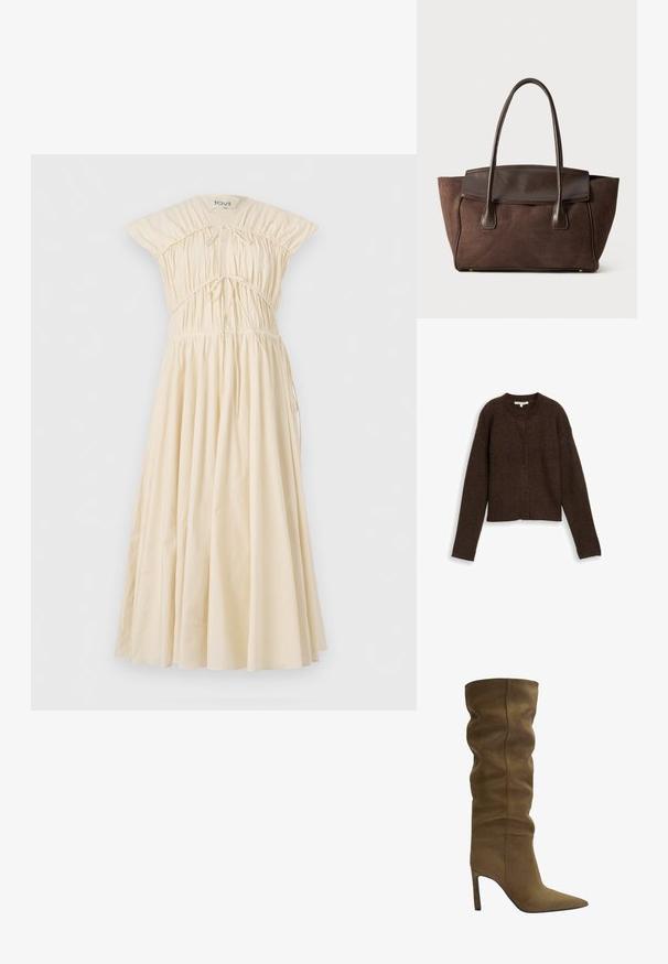 Ruskea ribattava neuletakki, jossa on pyöreä pääntie, pitkät hihat ja viisi nappia edessä. Pehmeä rakenne ja lyhyt malli.; Kerman puuvillamekko, jossa on istuva yläosa, frunttuuntuva yksityiskohta ja virtaava hame. Varusteltu lyhyillä, rakenteellisilla hihoilla ja säädettävällä nauhavyötäröllä.; Knee-high saapas oliivi vihreä mokka, jossa on terävä kärki, löysä yläosa ja stiletto-korko, jossa on näkyviä ompeluyksityiskohtia.; Ruskea mokkanahkainen kassi, jossa on jämäkkä muotoilu, sileät nahkaiset yksityiskohdat, pitkät kahvat ja hillitty kontrastivärinen ommel.