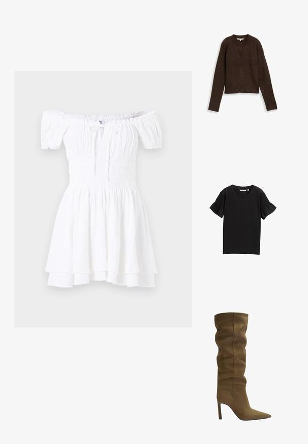 Brun ribbet cardigan med rund halsudskæring, lange ærmer og fem knapper foran. Blød tekstur og cropped design.; Sort kortærmet top med rund hals. Ærmerne har tekstureret smock-detalje, og stoffet har et subtilt ribbet mønster.; Hvid off-shoulder kjole med smocked bodice, korte puffærmer og lagdelt flæsekant. Fremstillet af letvægts, tekstureret stof.; Olivengrøn suedestøvle til knæhøjde med spids tå, afslappet overdel og stilettostøttestykke, der har synlige syninger.