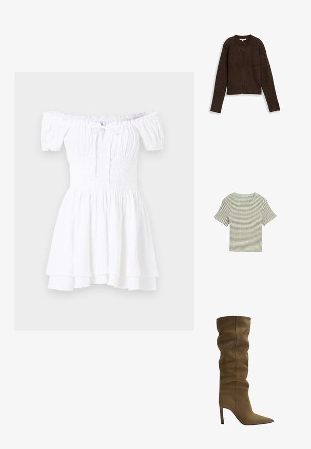 Hnědý žebrovaný cardigan s kulatým výstřihem, dlouhými rukávy a pěti knoflíky vpředu. Měkká textura a zkrácený střih.; Pruhované tričko s krátkým rukávem v světle zelené a bílé barvě. Má kulatý výstřih a měkkou, strukturovanou tkaninu. Volný střih s uvolněným designem.; Bílé šaty bez ramínek se smockovaným korzetem, krátkými nabíranými rukávy a vrstveným volánkovým lemováním. Vyrobené z lehké, strukturované tkaniny.; Olive green semišové vysoké boty po kolena s špičatou špičkou, uvolněným designem svršku a stiletto podpatkem, s viditelnými švy.; Hnědá semišová taška přes rameno se strukturovaným designem, hladkými koženými akcenty, dlouhými ušima a jemným kontrastním prošíváním.