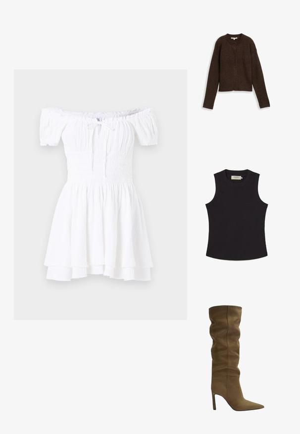 Hnědý žebrovaný cardigan s kulatým výstřihem, dlouhými rukávy a pěti knoflíky vpředu. Měkká textura a zkrácený střih.; Černý bezrukávový top vyrobený z žebrovaného materiálu s kulatým výstřihem a rovním lemem. Obsahuje štítek uvnitř na zadní straně.; Bílé šaty bez ramínek se smockovaným korzetem, krátkými nabíranými rukávy a vrstveným volánkovým lemováním. Vyrobené z lehké, strukturované tkaniny.; Olive green semišové vysoké boty po kolena s špičatou špičkou, uvolněným designem svršku a stiletto podpatkem, s viditelnými švy.
