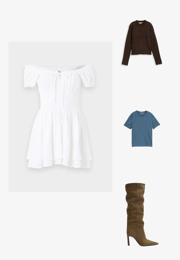 Hnedý rebrovaný sveter s okrúhlym výstrihom, dlhými rukávmi a piatimi gombíkmi na prednej strane. Mäkka textúra a skrátený strih.; Tričko s krátkym rukávom v jednoliatej modrej farbe, s okrúhlym výstrihom, z jemnej látky, vo voľnom strihu, bez vzorov alebo kovových detailov.; Biele šaty bez ramienok so zúženým korzetom, krátkymi pufovanými rukávmi a tierovaným volánovým lemom. Vyrobené z ľahkej, textúrovanej látky.; Olivovo zelené semišové čižmy po kolená s špicatou špičkou, voľným strihom na vrchu a stiletto podpätkom, s viditeľnými stehmi.; Hnedá semišová taška s pevnou konštrukciou, hladké kožené akcenty, predĺžené rúčky a jemné kontrastné prešívanie.