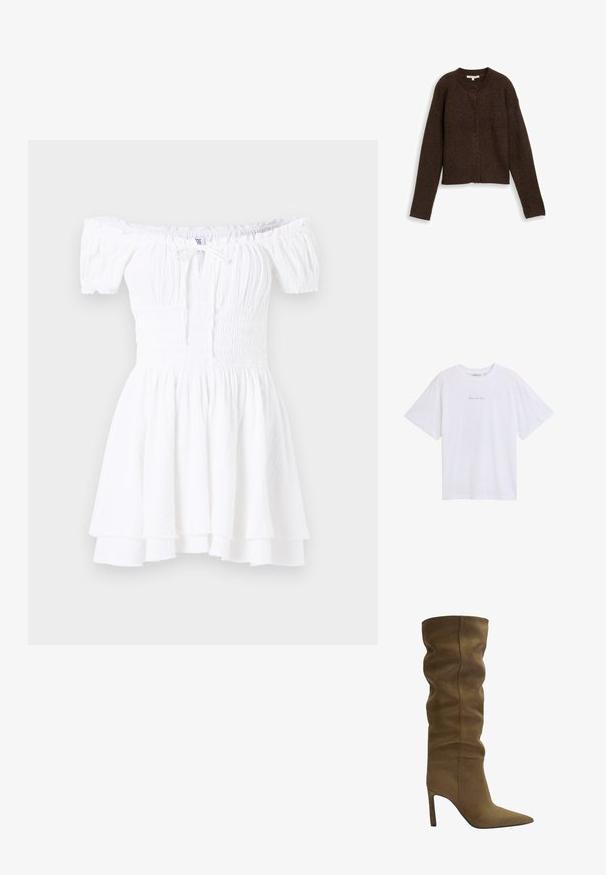 Rjav rebrast kardigan z okroglim izrezom, dolgimi rokavi in petimi gumbi spredaj. Mehka tekstura in skrajšan dizajn.; Bela majica s kratkimi rokavi, ki ima okroglo izrez in majhen modri odtis na prsih. Narejena je iz mehkega, lahkega materiala.; Bela obleka brez naramnic z smučanim bodicem, kratkimi oblekami z puff rukavi in večplastnim naboranim robom. Narejena iz lahkotnega, teksturiranega blaga.; Olive zelena semiš čizme do kolena s špicastim vrhom, slobodnim gornjim dizajnom i štiklom, s vidljivim detaljima šivanja.