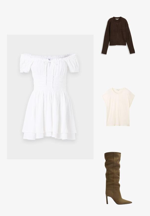 Bruine geribde cardigan met een ronde halslijn, lange mouwen en vijf knopen aan de voorkant. Zachte textuur en verkorte stijl.; TOM TAILOR DENIM FLUENT TEE - T-shirt basic - off white; Witte off-the-shoulder jurk met gerimpeld lijfje, korte pofmouwen en gelaagde ruches aan de zoom. Gemaakt van lichtgewicht, gestructureerde stof.; Olijfgroene suède kniehoog laars met een puntige neus, een slouchy bovenkant ontwerp en een stiletto hak, met zichtbare stikdetails.; Bruine suède tote bag met een gestructureerd ontwerp, een gladde leren afwerking, verlengde handvatten en subtiele contrasterende stiksels.