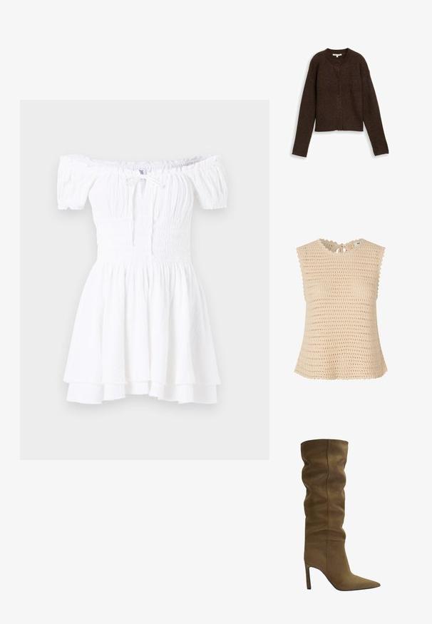 Brun ribbet cardigan med rund halsudskæring, lange ærmer og fem knapper foran. Blød tekstur og cropped design.; Beige striktop med en tekstureret, åben vævning. Har en bølget halsudskæring, snørebånd bagpå og kapærmer.; Hvid off-shoulder kjole med smocked bodice, korte puffærmer og lagdelt flæsekant. Fremstillet af letvægts, tekstureret stof.; Olivengrøn suedestøvle til knæhøjde med spids tå, afslappet overdel og stilettostøttestykke, der har synlige syninger.; Brun ruskinds tote bag med et struktureret design, glatte læderdetaljer, forlængede håndtag og subtil kontrastsyning.