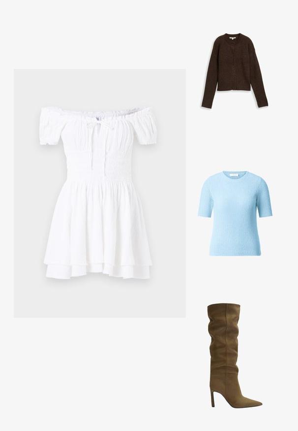 Bruine geribde cardigan met een ronde halslijn, lange mouwen en vijf knopen aan de voorkant. Zachte textuur en verkorte stijl.; Lichtblauwe trui met korte mouwen en een gemêleerd rib ontwerp. Ronde halslijn en zachte brei-stof, geschikt voor casual gebruik.; Witte off-the-shoulder jurk met gerimpeld lijfje, korte pofmouwen en gelaagde ruches aan de zoom. Gemaakt van lichtgewicht, gestructureerde stof.; Olijfgroene suède kniehoog laars met een puntige neus, een slouchy bovenkant ontwerp en een stiletto hak, met zichtbare stikdetails.