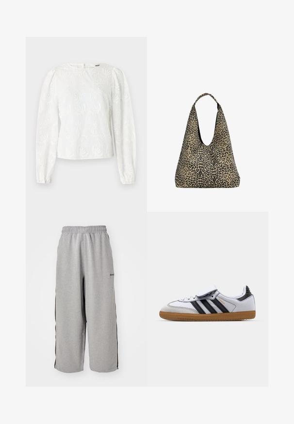 Szara, długorańcowa dzianinowa kardigan z okrągłym dekoltem i pojedynczym zapięciem na guzik z przodu, ułożona na płasko na białym tle.; Biała bluzka z długimi, bufiastymi rękawami, zdobiona haftowanymi wzorami kwiatowymi oraz okrągłym dekoltem. Zapięcie na zamek z tyłu.; Szare dresy wykonane z miękkiego materiału, z elastycznym pasem, skróconą długością i czarnymi paskami po bokach dla kontrastu.; Białe skórzane sneakersy z czarnymi paskami i szarymi akcentami, z zaokrąglonym czubkiem i gumową podeszwą. Zapięcie na rzep oraz sznurowanie.; PULL&BEAR - Torba na zakupy