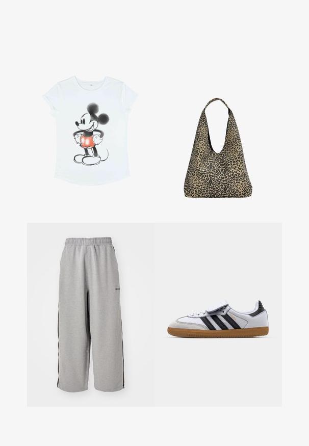 Šedý pletený kardigan s dlouhými rukávy a kulatým výstřihem, s jedním knoflíkem na horní části předního dílu, položený na bílém pozadí.; Bílý tričko s krátkým rukávem s grafikou Mickey Mouse, ilustrovaným v černé a červené, s přehnanými ušima a kulatými botami.; Šedé tepláky vyrobené z měkké tkaniny, s elastickým pasem, zkrácenou délkou a černými bočními pruhy pro kontrast.; Bílé kožené tenisky s černými pruhy a šedými detaily, s kulatou špičkou a gumovou podrážkou. Spona na suchý zip a šněrování.; PULL&BEAR Velká kabelka - mottled dark brown