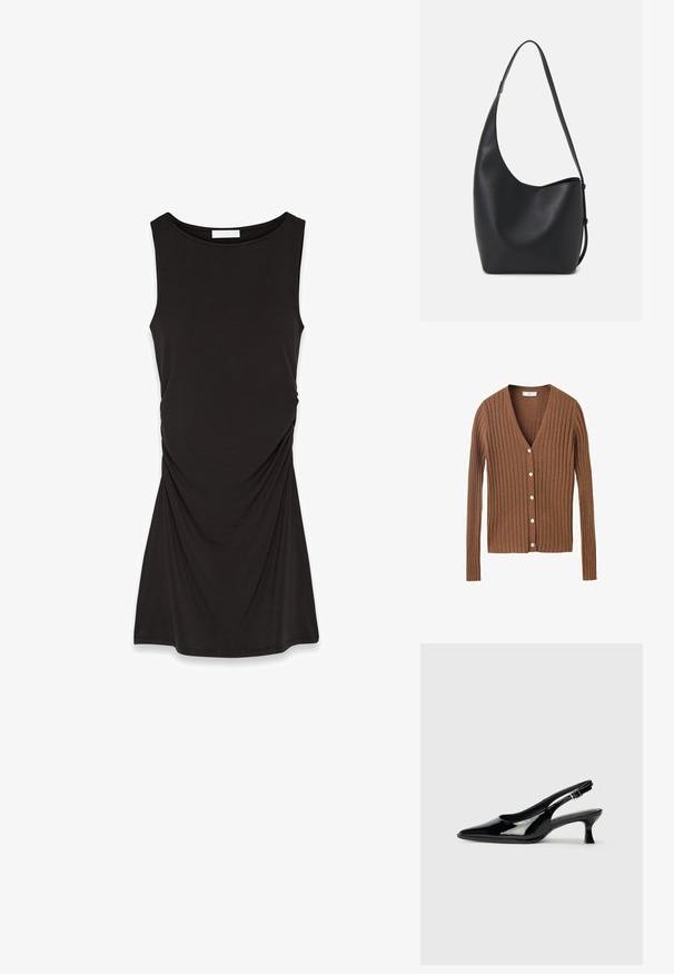 Hnedý riasený kardigán s výstrihom do V a dlhými rukávmi, zdobený šiestimi bielymi gombíkmi na prednej strane. Mäkkučký, textúrovaný materiál.; Čierne šatové šaty bez rukávov z mäkkej látky, s okrúhlym výstrihom a zhromaždením na bokoch pre voľný siluet.; Čierne lakované kožené slingback topánky s ostrou špičkou a nízkym blokovým podpätkom. Nastaviteľný prackový popruh v oblasti členka.; Čierna kožená hobo taška so hladkou textúrou, zakriveným tvarom a jedným nastaviteľným popruhom; má široké otvorenie na vrchu.
