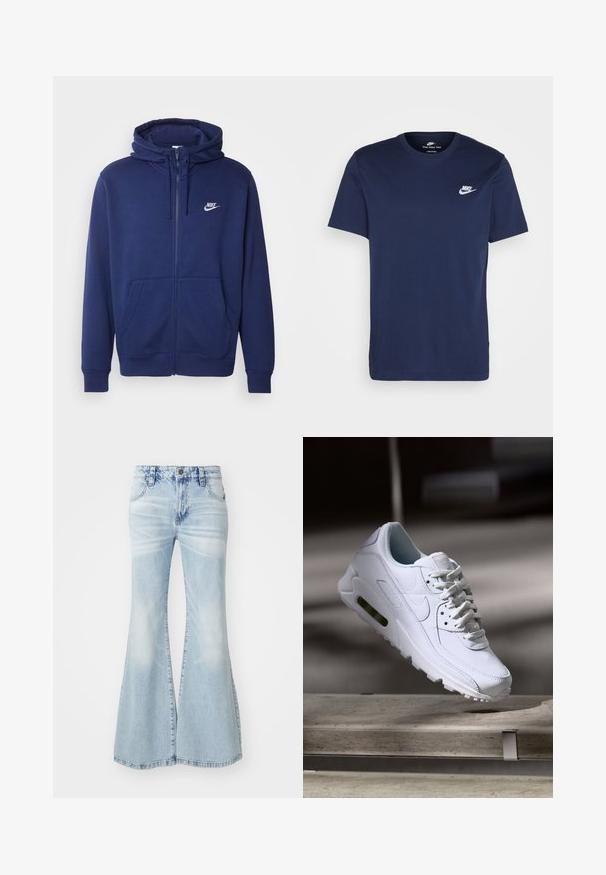 Sudadera con cremallera de color azul marino, hecha de suave tejido de felpa, con un bolsillo frontal, puños de canalé y un logo blanco de Nike en el lado izquierdo del pecho.; Camiseta de algodón azul marino con cuello redondo y mangas cortas. Presenta un logotipo blanco de Nike en el lado izquierdo del pecho y un dobladillo recto.; Jeans acampanados de un azul claro, hechos de denim, con una cintura alta, diseño desgastado y un estilo clásico de cinco bolsillos con herrajes en tono plateado.; Zapatilla blanca de piel con superficies texturizadas, cuello acolchado y amortiguación de aire visible en la suela. Presenta cordones y un diseño minimalista.