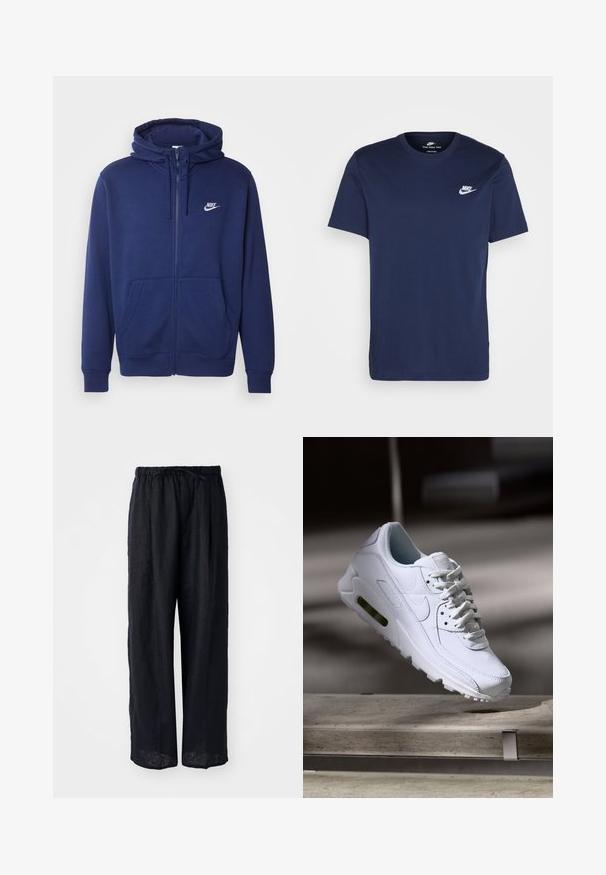 Marineblaue Zip-Hoodie aus weichem Fleece-Stoff, mit einer Fronttasche, gerippten Bündchen und einem weißen Nike-Logo auf der linken Brust.; Marineblaues Baumwoll-T-Shirt mit Rundhalsausschnitt und kurzen Ärmeln. Verfügt über ein weißes Nike-Logo auf der linken Brust und einen geraden Saum.; Schwarze Leinen-Hosen mit weitem Bein, elastischem Taillenband und lockerer Passform. Glatte Textur, keine sichtbaren Muster oder Hardware-Details.; Weiße Lederturnschuhe mit strukturierten Oberflächen, gepolstertem Kragen und sichtbarer Luftpolsterung in der Sohle. Verfügt über Schnürsenkel und ein minimalistisches Design.