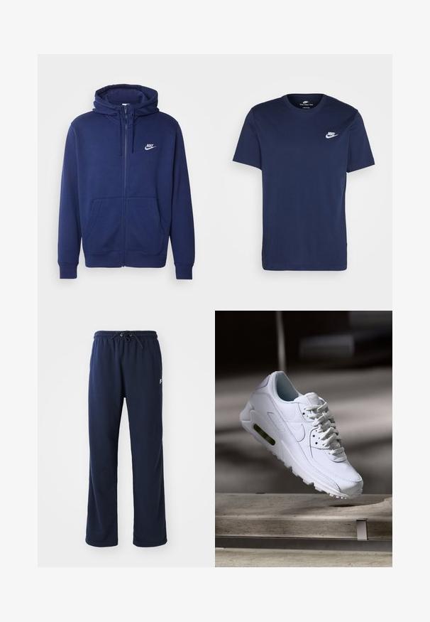 Camisola com fecho em navy blue feita de um suave tecido de fleece, com um bolso frontal, punhos canelados e um logotipo da Nike branco no lado esquerdo do peito.; T-shirt de algodão azul-marinho com decote redondo e mangas curtas. Apresenta um logo branco da Nike no peito esquerdo e uma barra reta.; Calças de treino azul marinho feitas de tecido macio, com uma cintura elástica e cordão, bolsos laterais e um detalhe de logotipo minimalista.; Sapatilha branca de couro com superfícies texturizadas, colarinho acolchoado e amortecimento de ar visível na sola. Apresenta atacadores e um design minimalista.