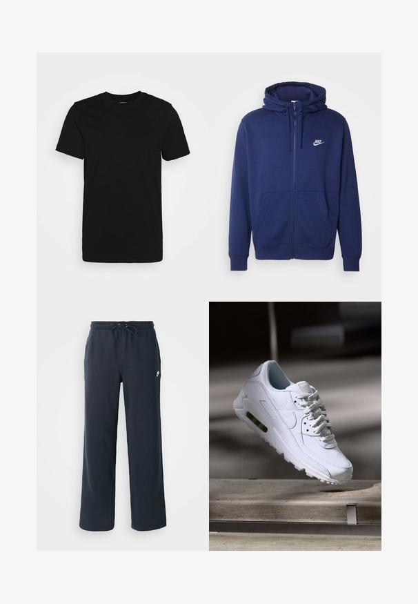 Marineblauwe ritstrui gemaakt van zachte fleece-stof, met een voorzak, ribgebreide boorden en een wit Nike-logo op de linkerkant van de borst.; Zwarte T-shirt met korte mouwen van glad katoen, met een ronde halslijn en een eenvoudig ontwerp zonder patronen of accenten.; Donkerblauwe joggingbroek met een elastische tailleband en een trekkoord. Gemaakt van zachte stof, met een klein wit logo op de linkerheup.; Witte leren sneaker met gestructureerde oppervlakken, gevoerde kraag en zichtbare luchtbescherming in de zool. Heeft veters en een minimalistisch ontwerp.