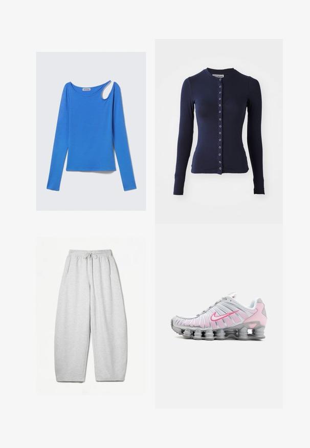 Mornarica džemper s dugim rukavima, okruglim izrezom, prilagođenog kroja i prednjim kopčanjem s metalnim detaljima. Mekana, strukturirana tkanina.; Plava majica dugih rukava s okruglim izrezom i jedinstvenim asimetričnim izrezom na desnom ramenu, položena ravno na bijeloj pozadini.; Svijetlosivi dukserica s opuštenim krojem, elastičnim pojasom, vezicom i bočnim džepovima; izrađeni od mekanog, teksturiranog materijala.; Nike atletska obuća u bijeloj i svijetlosmešanoj boji. Ima mrežasti gornji dio i karakterističnu zakrivljenu potplat s vidljivim zračnim jastučićima.