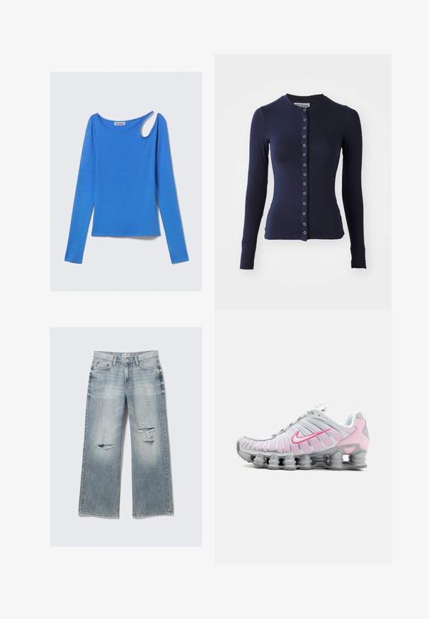 Tengerészes, hosszú ujjú kardigán, kerek nyakkivágással, testhezálló fazonnal és elülső gombos záródással, fémes részletekkel. Puha, textúrált anyag.; Kék, hosszú ujjú felső, kerek nyakkivágással és egyedi aszimmetrikus kivágással a jobb vállon, síkban fehér háttérre helyezve.; Világoskék farmer széles szárú nadrág, pedig elhasználódott részletekkel, rojtos szélekkel és kopott véggel. Elöl zsebekkel és klasszikus derékpánttal rendelkezik.; Fehér és világos rózsaszín Nike sportcipő. Hálós felsőrész jellemzi, valamint különleges ívelt talpa látható légpárnázással.