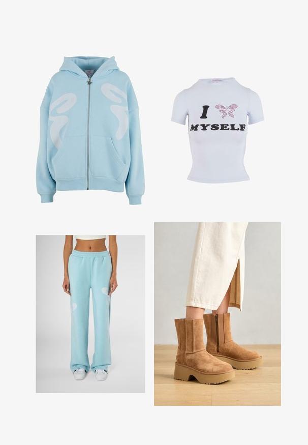 Šviesiai mėlynas užtrauktukas džinsinis džemperis, pagamintas iš minkštos medžiagos, turintis didelį baltą piešinį priekyje, kengūros tipo kišenių ir raibotų rankogalių.; Balta trumpa rankovėmis marškinėliai su juodu tekstu "Aš" ir "SAVIMI" bei rožiniu drugeliu, pagamintu iš rhinestone akmenukų. Prigludusi siluetas.; Šviesiai mėlynos laisvo kirpimo sportinės kelnės su baltu abstrakčiu raštu kiekvienoje šlaunyje ir elastinga juosmeniu.; Rudi suediniai kulkšniniai batai su storu platformos padu, šonine užtrauktuku ir vertikaliu siuvinėjimu, derinami su kreminės spalvos sijonu.