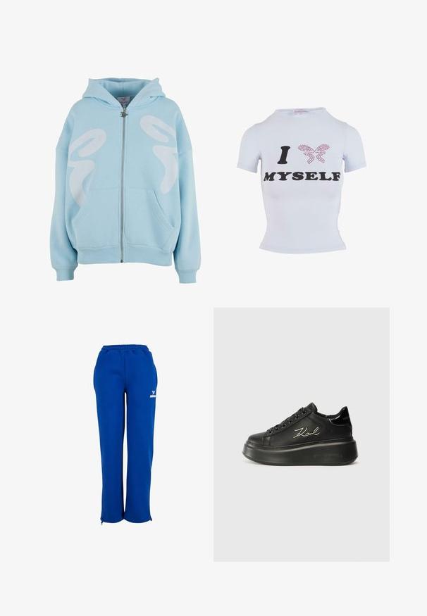 Svetlo modrá mikina na zips vyrobená z mäkkého materiálu, so skvelým veľkým bielym grafickým dizajnom na prednej strane, kengúrkovými vreckami a ribbed manžetami.; Biele tričko s krátkym rukávom, na ktorom je čierny nápis "I" a "MYSELF" s pink motýľom vyrobeným z kamienkov. Úzky strih.; Modré tepláky z mäkkej tkaniny s elastickým pásom, bočnými vreckami a zipsami na členkoch pre nastaviteľný strih.; Čierne platformové tenisky s hladkým koženým zvrškom, rovnými šnúrkami a vyšívaným logom "Karl" na boku. Zaoblená špička a hrubá podrážka.