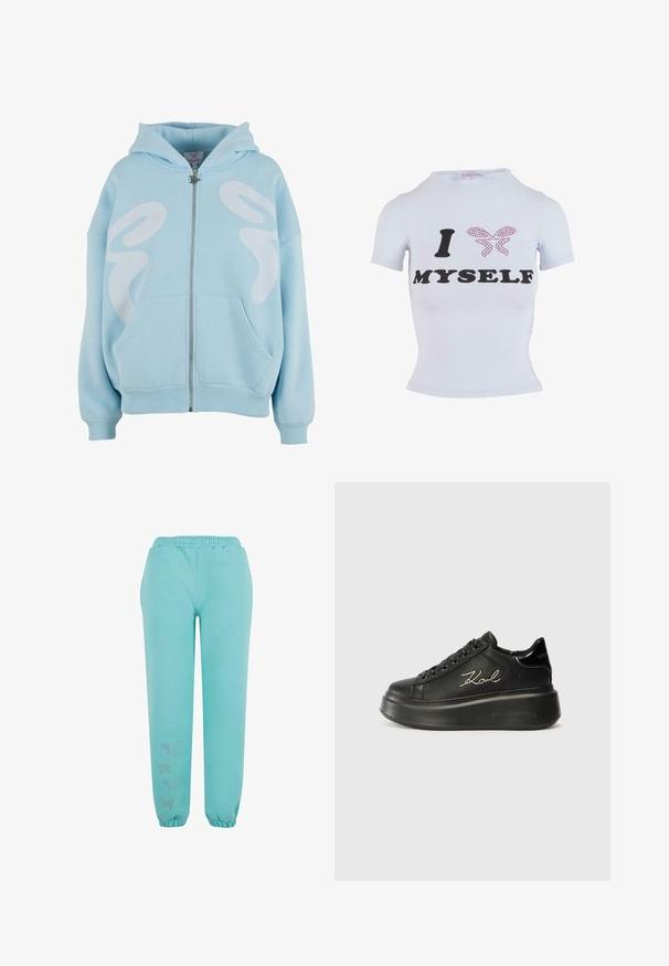 Světle modrá mikina s kapucí na zip vyrobená z měkké tkaniny, s velkým bílým grafickým designem na přední straně, klokaními kapsami a žebrovanými manžetami.; Bílý tričko s krátkým rukávem s černým textem "I" a "MYSELF" a designem růžového motýla vyrobeného z kamínků. Přiléhavý střih.; Tyrkysové jogger kalhoty vyrobené z měkké tkaniny, se staženým pasem, elastickými manžetami a dekorativními ozdobami ve tvaru motýlů.; Černé platformové tenisky s hladkým koženým svrškem, plochými tkaničkami a vyšitou logem "Karl" na boku. Kulatá špička a silná podrážka.