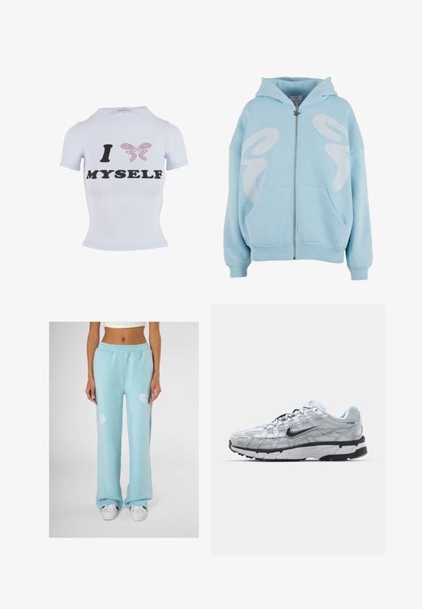 Světle modrá mikina s kapucí na zip vyrobená z měkké tkaniny, s velkým bílým grafickým designem na přední straně, klokaními kapsami a žebrovanými manžetami.; Bílý tričko s krátkým rukávem s černým textem "I" a "MYSELF" a designem růžového motýla vyrobeného z kamínků. Přiléhavý střih.; Světle modré tepláky se volným střihem, se zdobením bílým abstraktním vzorem na každém stehně a elastickým pasem.; Tenisky Nike P-6000 s lehkou šedou síťovinou, černými akcenty a odolnou černou gumovou podrážkou. Vyznačují se složitým designem a systémem šněrování.