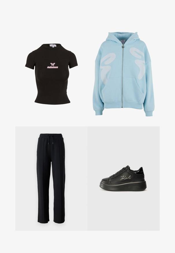 Lichtblauwe rits hoodie gemaakt van zachte stof, met een groot wit grafisch ontwerp op de voorkant, kangoeroezakken en geribde manchetten.; Zwarte korte mouwen crop top gemaakt van rekbaar materiaal. Heeft een roze "felicious" logo en een vlinderafbeelding op de voorkant.; Zwarte joggingsbroek met een relaxed fit, elastische tailleband, verstelbaar trekkoord en verticale naden langs de benen. Zachte stoffen textuur.; Zwarte platform sneakers met een soepel leren bovenwerk, platte veters en geborduurd "Karl" logo aan de zijkant. Ronde neus en dikke zool.