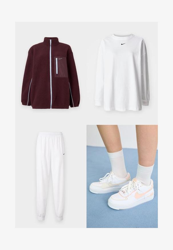 Bordo spalvos flisinė striukė su aukštu apykakle, priekiniu užtrauktuku ir krūtinės kišene iš kontrastinės medžiagos su šviesiai mėlynu užtrauktuku ir akcentais.; Baltas ilgas rankovės marškinėliai, pagaminti iš medvilnės, su apvalia kaklo linija ir maža juoda Nike logo ant krūtinės. Paprastas dizainas, laisvas įsiliejimas.; Baltos sportinės kelnės iš lengvos medžiagos, su elastinga juosmenine juosta, siaurėjančiomis apačiomis ir nedideliu juodu Nike logotipu šone.; Balti sportbačiai su persikų akcentais, lygus odinis paviršius, perforuota nosis, tekstūruotas padas ir raišteliai. Dėvimi su baltais džinsiniais kojinėmis ant mėlynos paviršiaus.