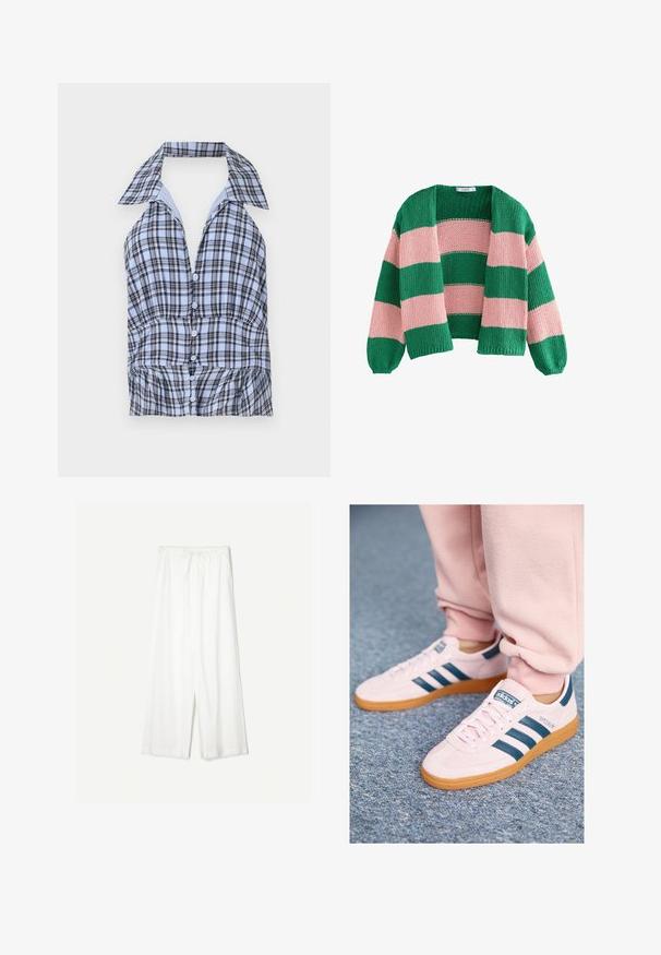 Zeleno-růžový pruhovaný pletený cardigan s volným střihem, otevřeným předním dílem a dlouhými rukávy. Textura je silná a prodyšná.; Modrý a bílý kostkovaný halter top s límečkem, zdobený knoflíky vpředu a volánkovým lemem. Vyroben z lehkého materiálu.; Bílé kalhoty s širokými nohavicemi a stažením v pase, umístěné na jednobarevném pozadí, které zdůrazňuje jejich uvolněný styl a texturu látky.; Světle růžové semišové tenisky s tmavě modrými koženými pruhy a gumovou podrážkou. Mezi funkce patří ploché tkaničky a značení na boku a jazyku.